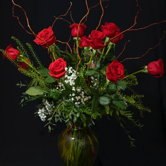 ONE DOZEN RED ROSES VASE